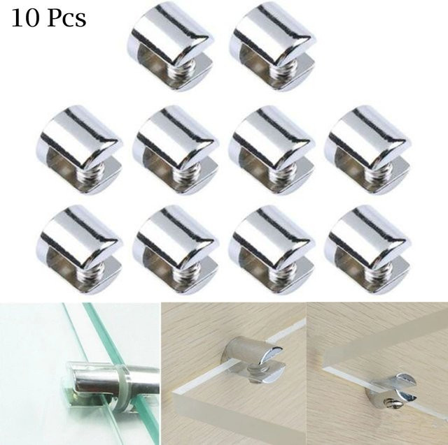 10er Set Glasregalhalter Klemmhalterungen für 6-8mm Glas in Chrom Silber - Bild 1