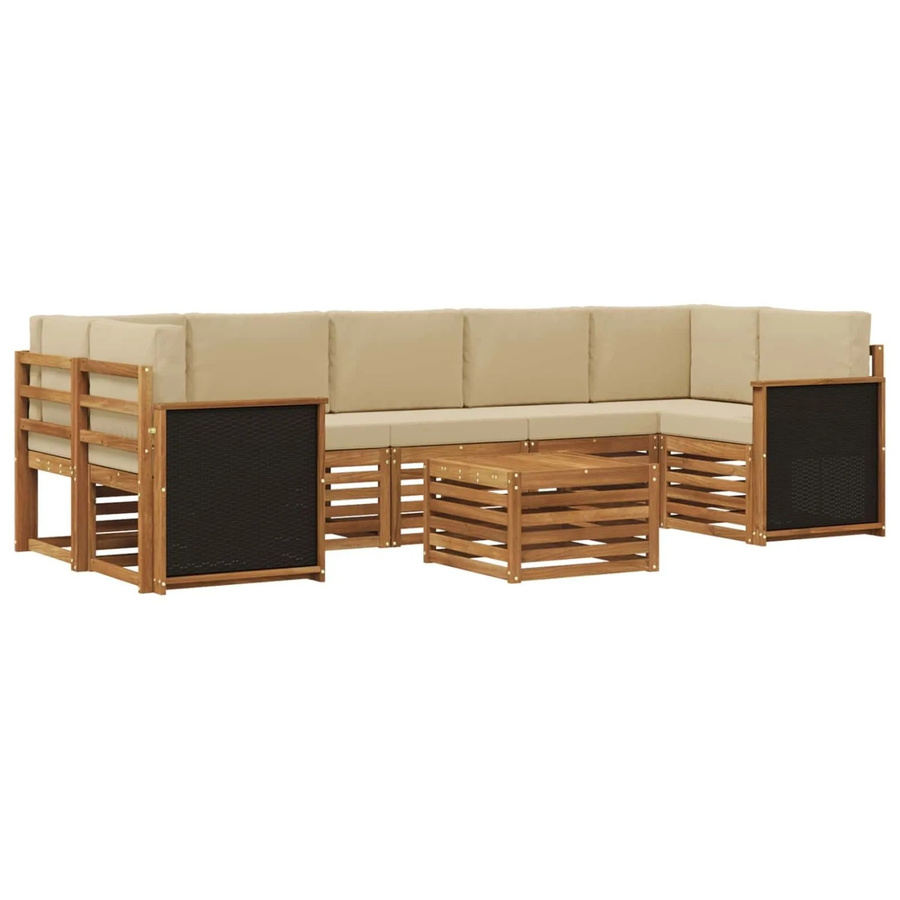 vidaXL Outdoor-Sofagarnitur aus Massivholz Akazie in L-Form, 8-teiliges Set mit Polstern in Natur und Beige - Bild 2