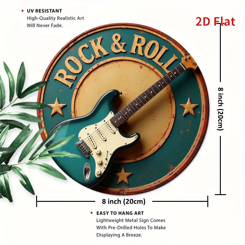 Potdemiel 2D Flat Vintage Rock & Roll Gitarren-Wandkunst aus Metall mit Herbstblättern und Sternen-Design, B: 20 cm, H: 20 cm, T: 1 cm - Bild 2