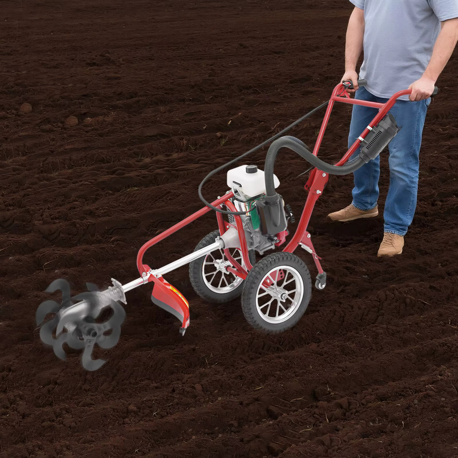Bymaocar 3-in-1 Mini-Kultivator mit 4-Takt-Benzinmotor als handgeführte Bodenfräse und Gartenpflug in Rot - Bild 3