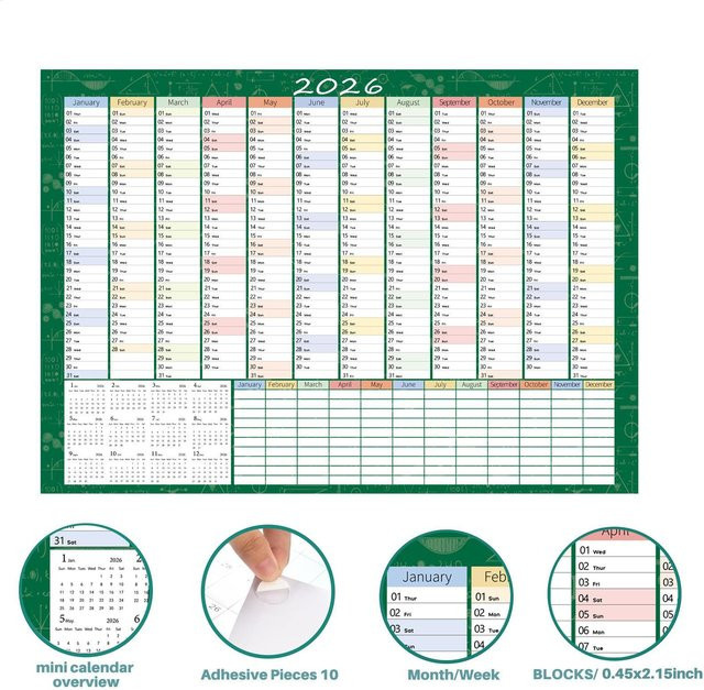 Großer Jahreswandkalender 2026 in Grün zur Zeitplanverfolgung und Zieleinstellung aus Papier - Bild 1