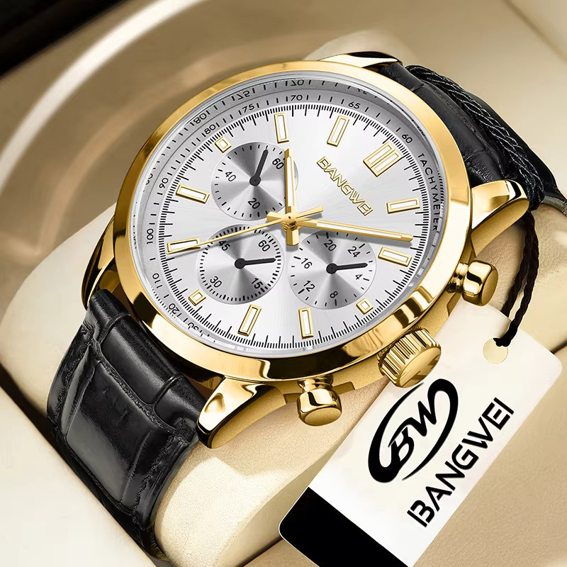 BANGWEI Armbanduhr, Quarz, Leder, Schwarz, Gold, Herren - Bild 6
