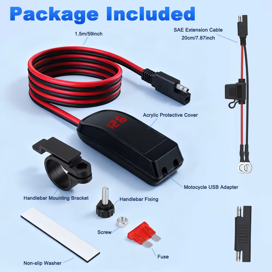 Elektrisches Motorrad-Handy-Ladegerät mit USB-A und USB-C, wasserdicht nach IPX5, 12 V, Schwarz - Bild 5
