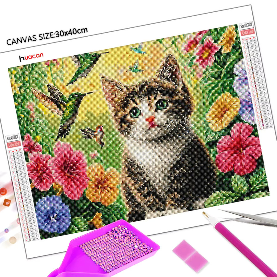 Huacan Diamantmalerei mit Katzen, Vögeln und Blumen als Strassstein-Bild in Multicolour, B/H: 20 x 30 cm - Bild 2