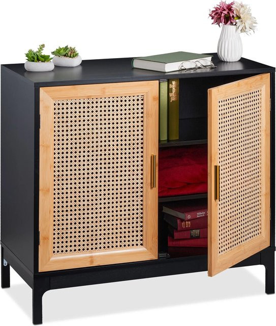 Relaxdays Sideboard aus MDF und Bambus mit Rattan-Geflecht in Schwarz und Natur mit Gold-Akzenten, B/H/T: 76 x 80 x 39 cm - Bild 1
