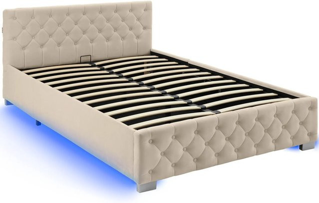 tectake Polsterbett Venice in Samtoptik mit Steppmuster und indirekter LED-Beleuchtung, Farbe Sand, B/T/H: 215 x 148 x 83 cm, inklusive hochklappbarem Lattenrost und Stauraum - Bild 2