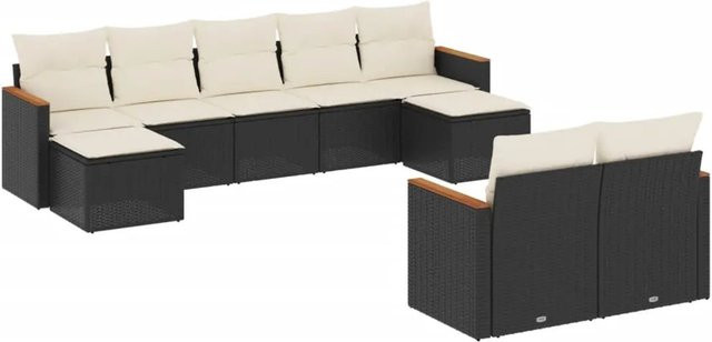 vidaXL 9-tlg Garten-Sofagarnitur in U-Form aus Polyrattan und Akazienholz mit Kissen in Schwarz und Cremeweiß - Bild 1