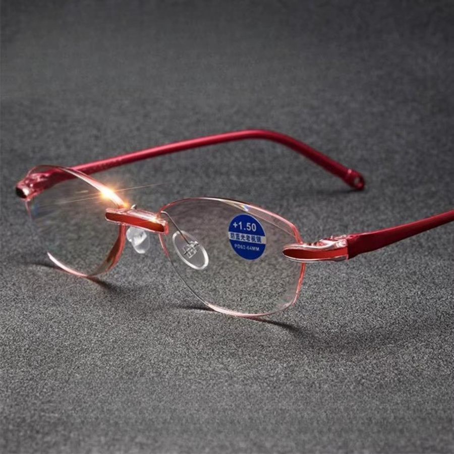 Rahmenlose Lesebrille für Damen, oval, Metall, rot, bifokal - Bild 1