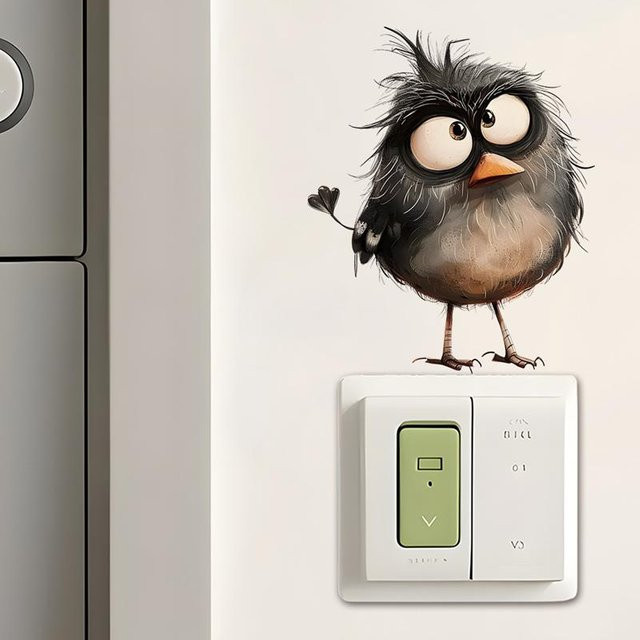 Selbstklebender Vinyl Wandkunst Aufkleber mit süßem flauschigem Vogel Motiv für Schalter und Steckdosen in Weiß und Multicolour von Binchi Outdoor Product - Bild 1