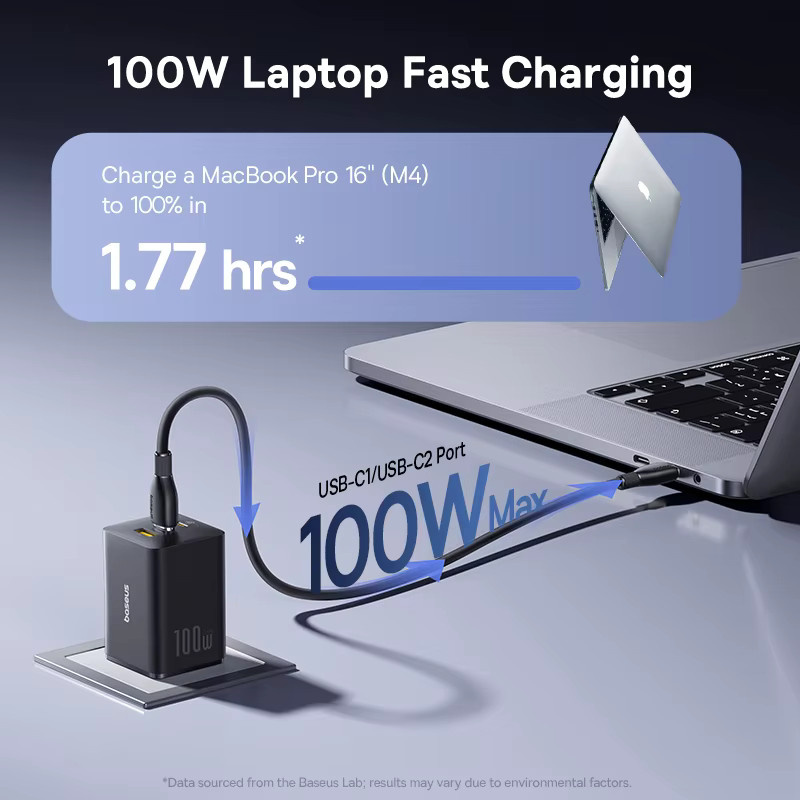 Baseus 100 W GaN Schnellladegerät mit USB-C in Schwarz - Bild 2