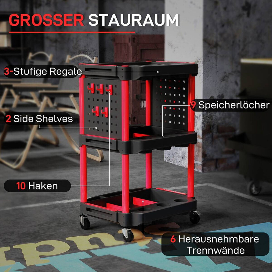 HOMCOM Werkstatt-Rollwagen mit 3 Etagen und 10 Haken, Schwarz, B/H/T: 47,5 x 89 x 56,5 cm - Bild 5
