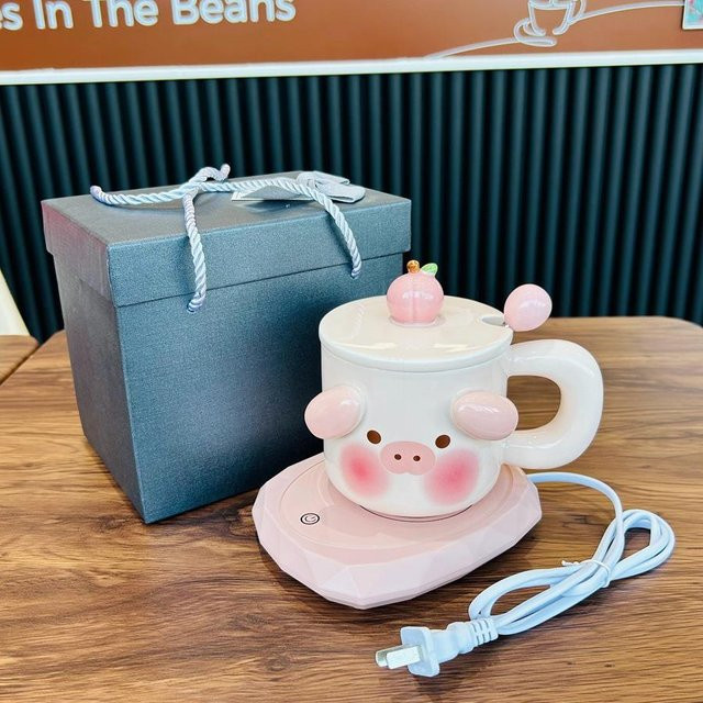 Yiran bag Keramiktasse mit Schwein-Design und Heizplatte für konstante Temperatur, Weiß/Rosa, 480 ml - Bild 1