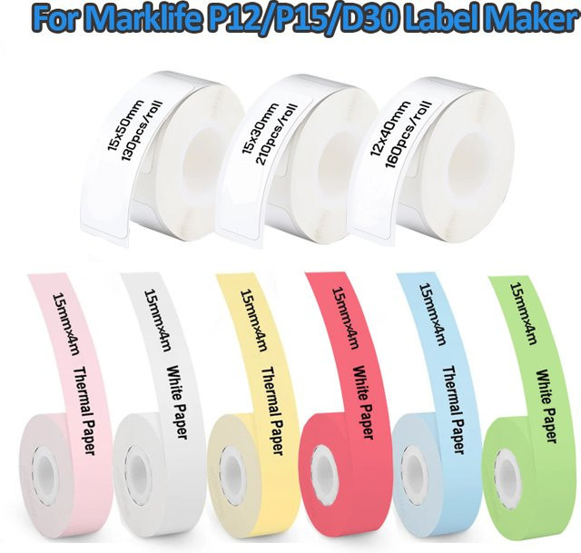 Marklife Thermo Etikettenband P12 15mm, wasserfestes selbstklebendes Etikettenpapier für Marklife P15, P11, L12, PRT M11, Weiß - Bild 1