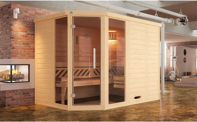 Weka Massivholzsauna Kemi Eck BioS mit Glastür und Fenster, Farbe Braun, B/T/H: 245 x 195 x 200 cm, inklusive 7,5 kW Sparset - Bild 1