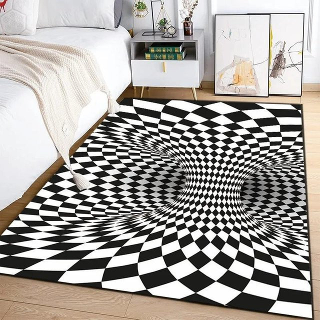 Lodestar D Vortex Illusion Teppich Schwarz-Weiß, abstrakter geometrischer Teppich mit optischem Effekt, rutschfest, B/T: 80 x 50 cm - Bild 1