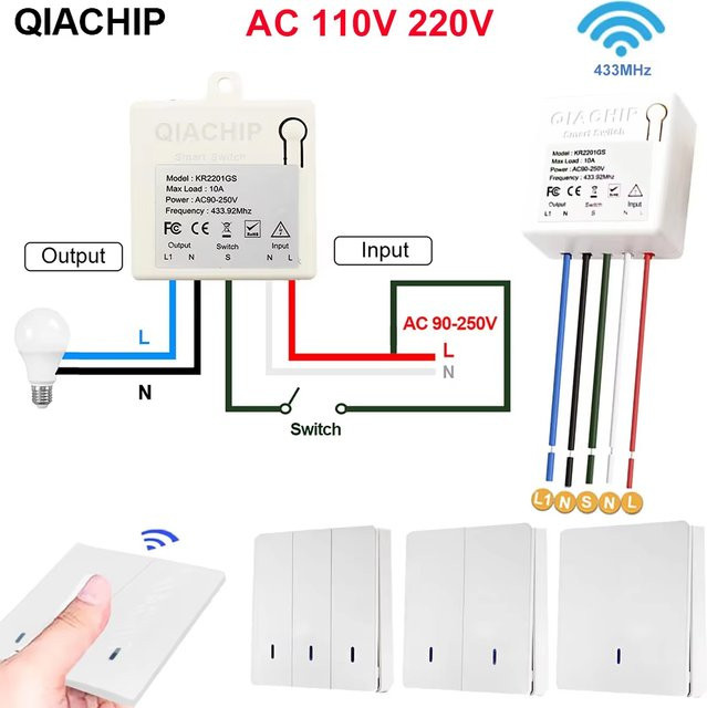QIACHIP Drahtloser RF 433 MHz Schalter mit Fernbedienung und Mini-Relaisempfänger für 220 V LED-Lichtsteuerung, Weiß - Bild 1