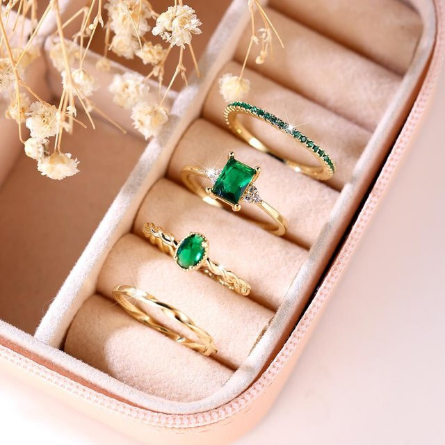 Bamos Schmuck-Set, 4-teilig, Ringe, goldfarben, grüne Steine, Damen - Bild 1