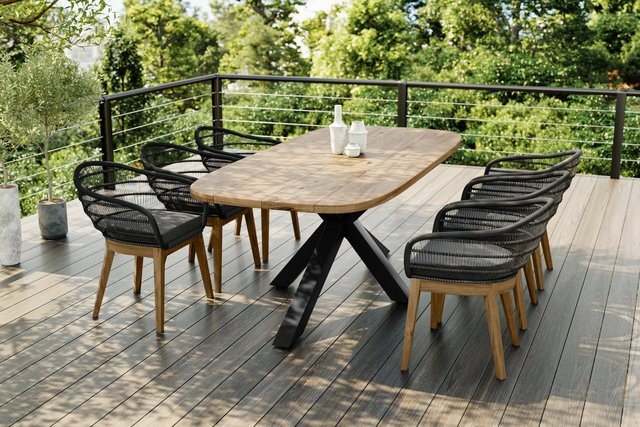 OUTFLEXX Belgium Garten-Essgruppe aus Alu und recyceltem Teak in Natur/Dunkelgrau mit Tisch und 6 Stühlen inklusive Kissen, Tisch Breite: 220 cm, Tiefe: 100 cm - Bild 1