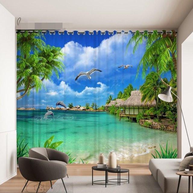 A Family Of Home Textiles 3D Vorhang mit Maldivien Strand und Meerblick in Blau, 2 Paneele, B: 50 cm, H: 50 cm - Bild 1