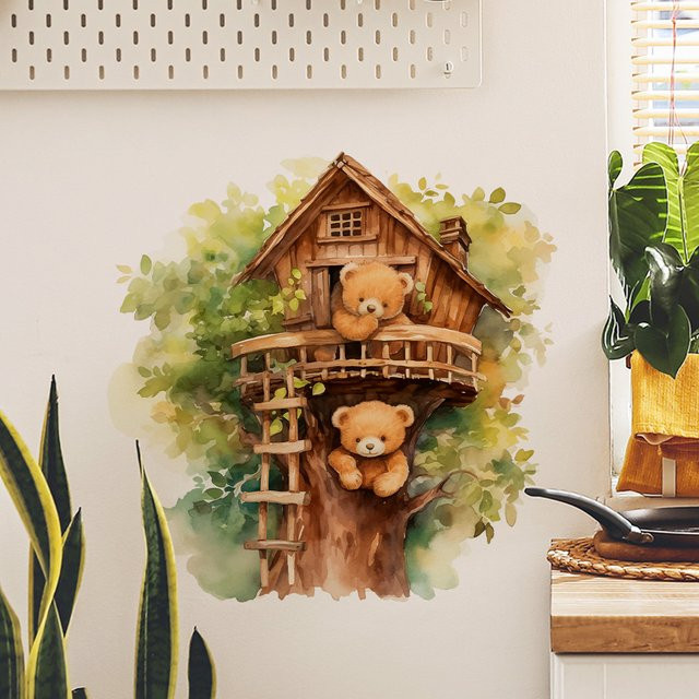 BRUP Wandtattoo Cartoon-Bär mit Baumhaus Motiv in Mehrfarbig für Kinderzimmer und Wohnzimmer - Bild 1