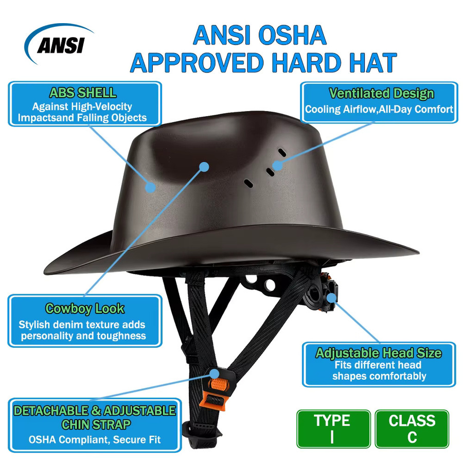 Cowboy-Schutzhelm aus HDPE mit voller Krempe und Lüftungsloch, ANSI Z89.1 Klasse C Arbeitskappe für Bau und Eisenbahnrettung in Braun oder Schwarz - Bild 3