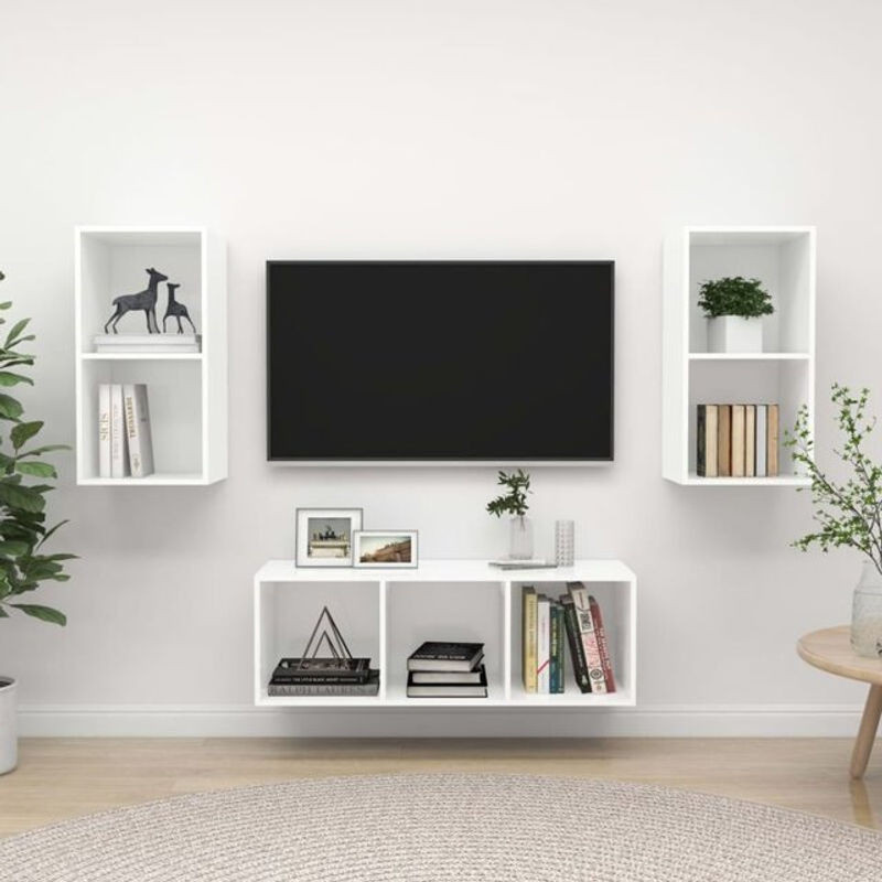 3-teiliges Vidaxl TV-Schrank-Set in Weiß aus Holzwerkstoff im minimalistischen Design - Bild 1