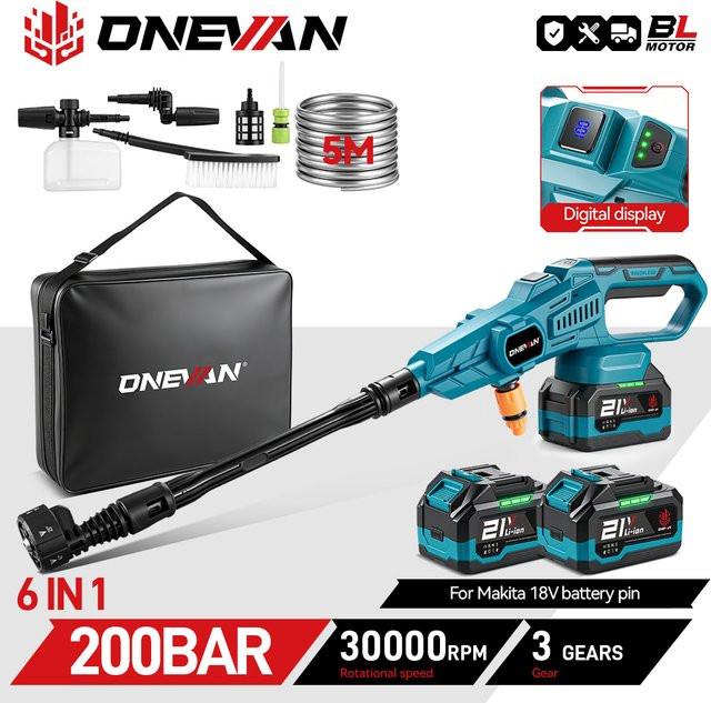 ONEVAN 6in1 Akku Hochdruckreiniger Pistole Blau, bürstenlos, 200 Bar, 3500W, kompatibel mit Makita 18V Akku - Bild 1