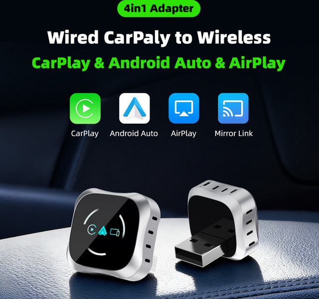 4-in-1 Bluetooth Adapter für kabelloses CarPlay, Android Auto, AirPlay und Mirror Link in Silber für Volvo, Benz, MG und Kia - Bild 1