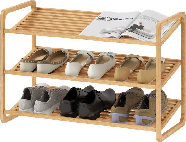 HOMCOM Schuhregal aus Bambus mit 3 Ebenen in Natur, Schuhaufbewahrung für 9-12 Paar Schuhe mit Griff für Eingangsbereich, Wohnzimmer oder Schlafzimmer - Bild 1