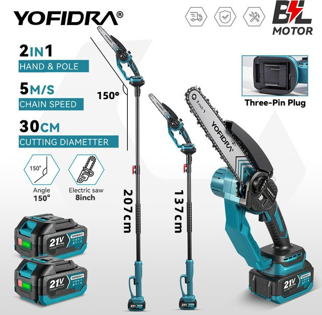 YOFIDRA 2-in-1 Elektrische Kettensäge und Hochastsäge mit 8 Zoll Bürstenlosem Motor für 21V Akku - Bild 1