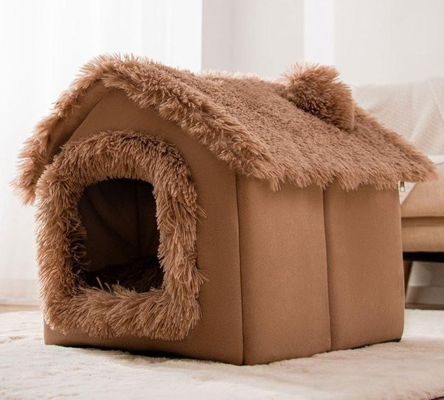 Faltbares Haustierhaus aus Plüsch für Katzen und Hunde, warmes Katzenbett mit abnehmbarer Matte, braun, B/T/H: 35 x 30 x 32 cm - Bild 1