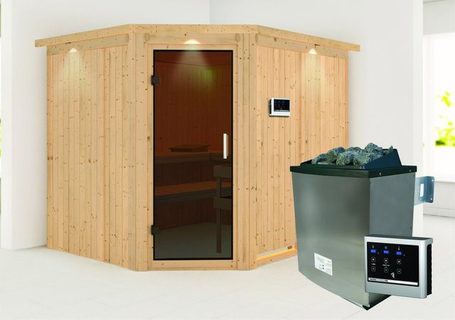 Karibu Sauna MALIN mit 9,0 kW Ofen, externem LED-Steuergerät und Dachkranz, Ganzglastür, B/T/H: 231 x 196 x 245 cm, Farbe: Graphit - Bild 1