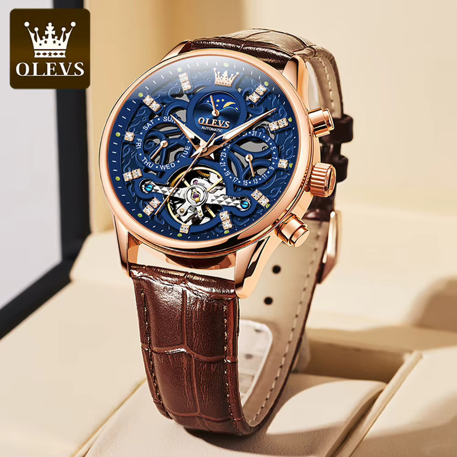 OLEVS Armbanduhr Automatik, Mondphase, Blau, Edelstahl, Leder, Herren - Bild 2