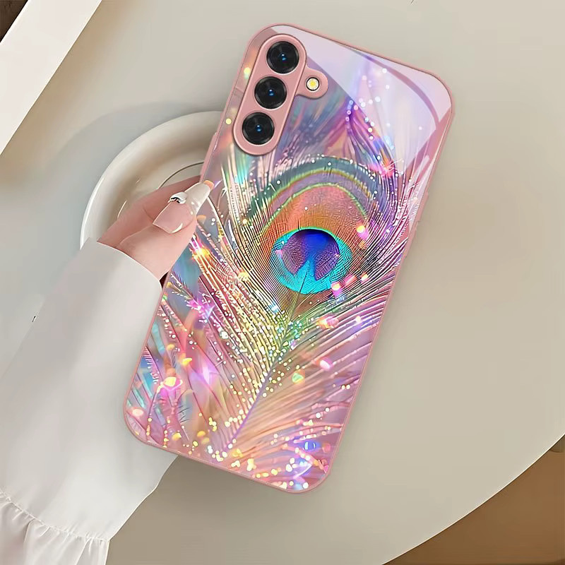 Sturzsichere Glas-Handyhülle mit Pfauenfeder-Print für Samsung Galaxy S26 S25 S24 S22 S21 S20 FE Ultra Plus, Mehrfarbig - Bild 2