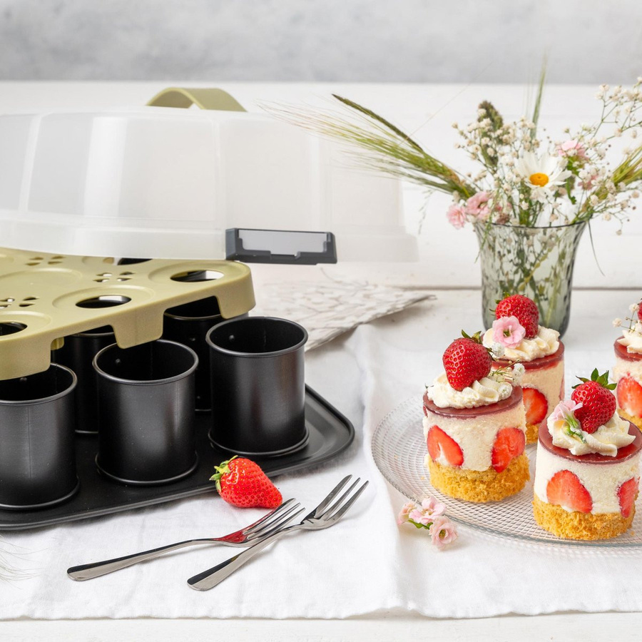 Zenker Mini Törtchen Backblech mit Transporthaube und Törtchenretter, 9er Set, Schwarz, Antihaftbeschichtet - Bild 1
