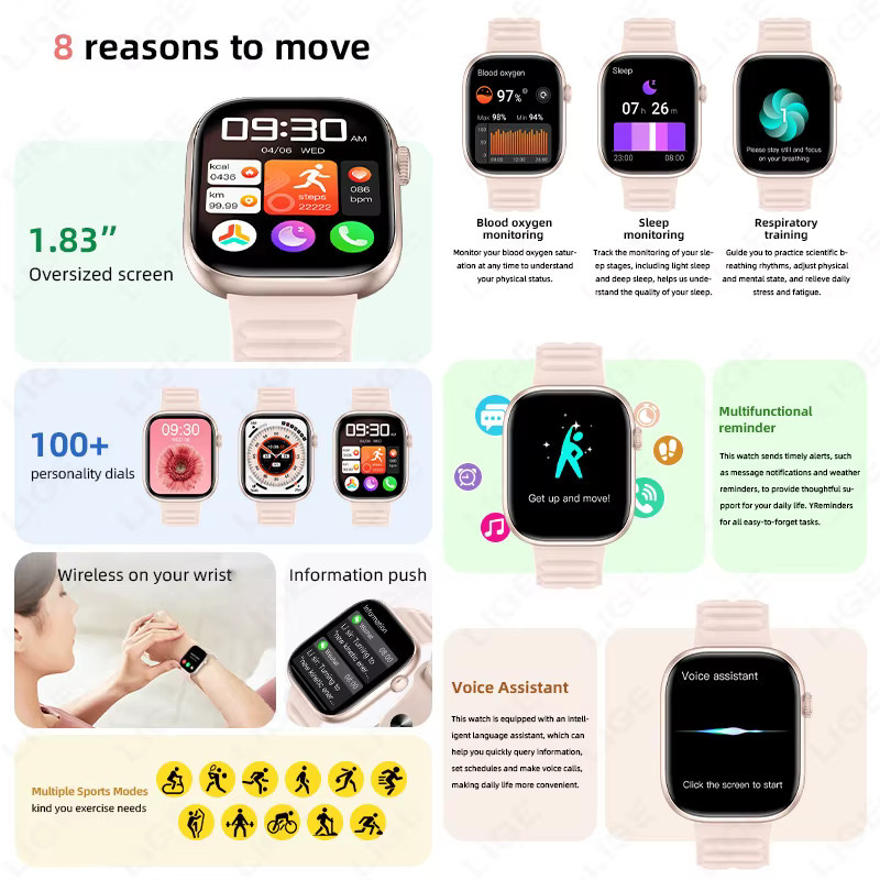 LIGE Smartwatch, 1,83 Zoll, Schwarz, Silikon, Herren - Bild 3