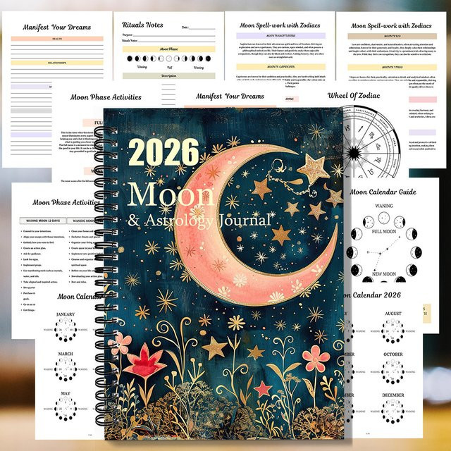 Spiralnotizbuch 2026 Mond- und Astrologie-Tagebuch mit Mond- und Blumen-Motiv in Rosa, A5, Softcover - Bild 1