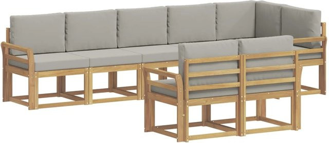 vidaXL Outdoor-Sofagarnitur in L-Form aus Akazienholz mit Kissen, 8-teilig, Weiß-Hellgrau - Bild 1