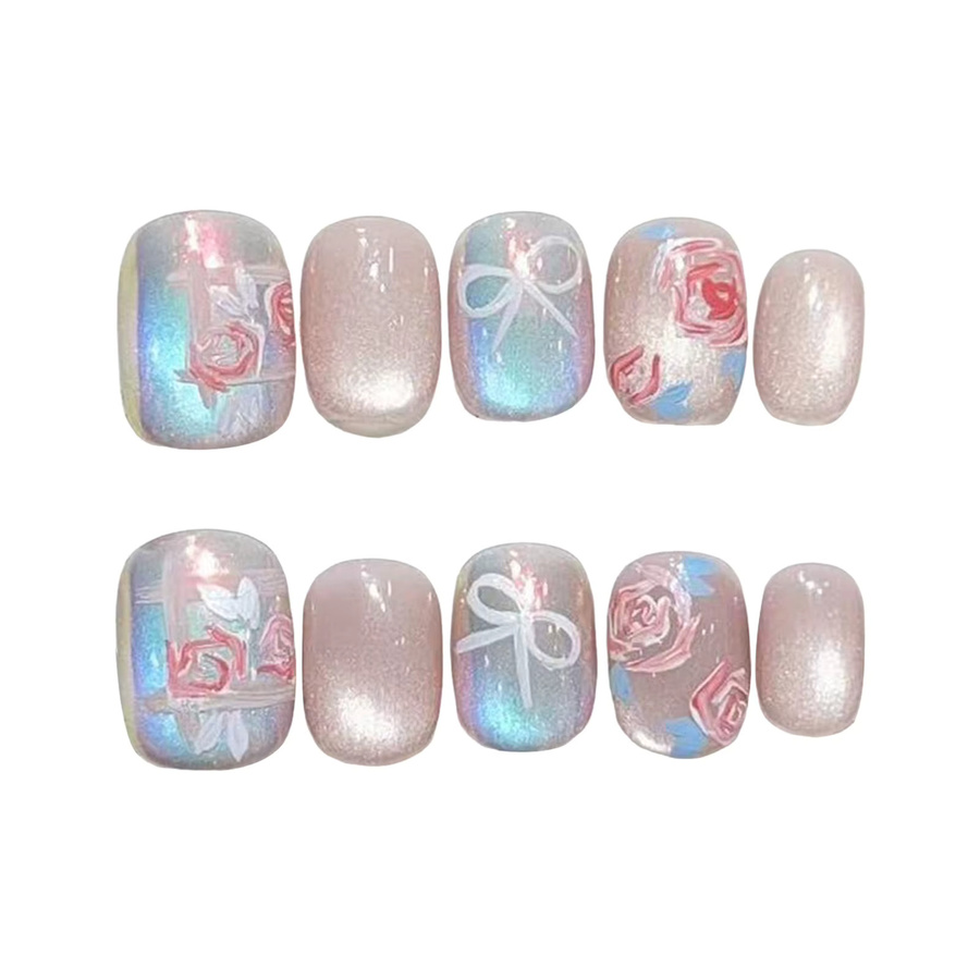 YADORNOS Press On Nails, 10 Stück, Rose Schleife Aurora, rosa blau, glänzend - Bild 3