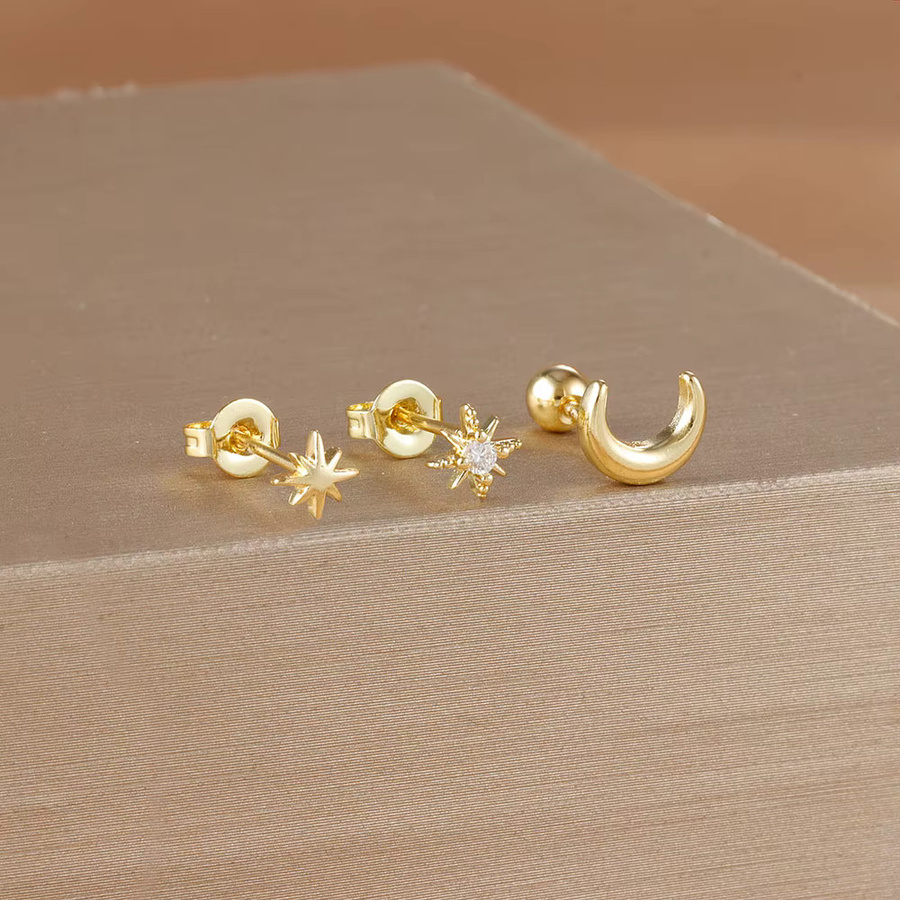 Maodane Ohrstecker-Set Edelstahl, Stern-Mond, Gold, Damen, Zirkonia - Bild 2