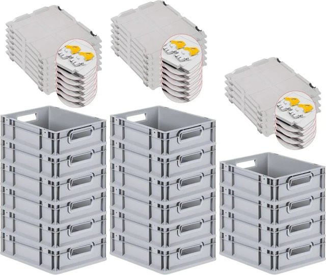 PROREGAL SuperSparSet 16x Eurobox NextGen Grip mit Scharnierdeckel und gelben Schiebeschnappverschlüssen, Grau, H x B x T: 12 x 30 x 40 cm - Bild 1