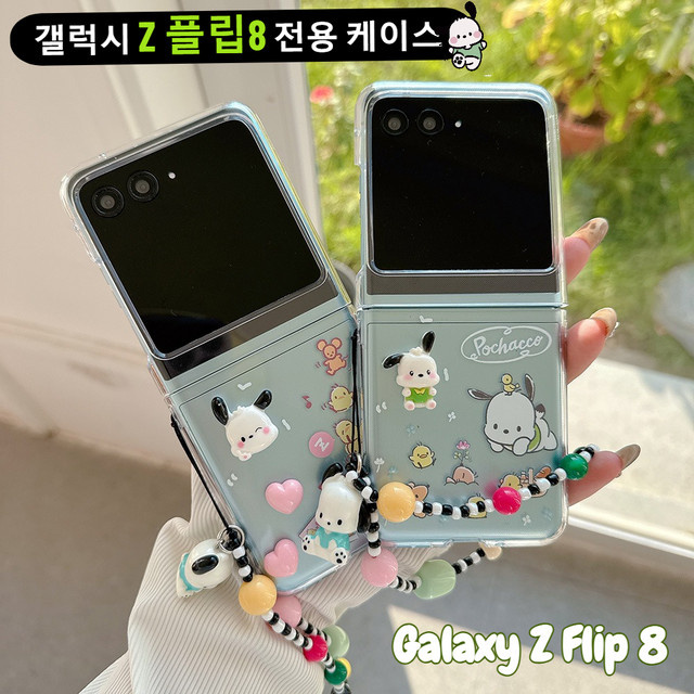 Sanrio Pochacco Transparente Schutzhülle für Samsung Galaxy Z Flip 8 7 6 5 mit Trageriemen und Anhänger-Dekoration - Bild 1