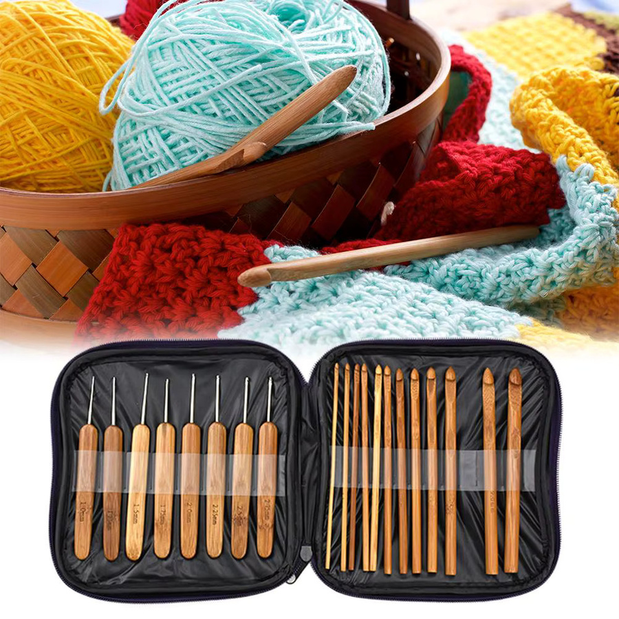 Häkelnadel-Set aus karbonisiertem Bambusholz in Braun mit Aufbewahrungsbox für DIY-Handarbeiten - Bild 2