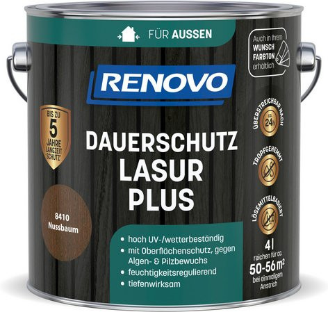 RENOVO Dauerschutzlasur PLUS Holzschutzlasur Nussbaum 8410 Braun 4,0 l - Bild 1