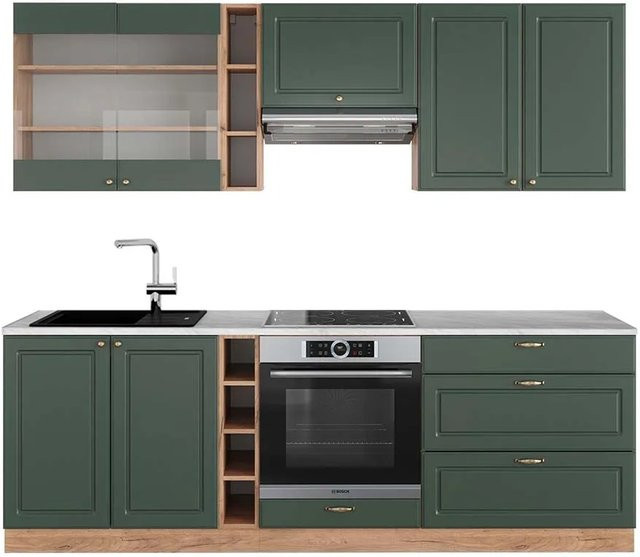 Vicco Fame-Line Küchenzeile Landhausstil in Grün-Gold mit Eiche-Optik und Marmor-Design, Breite: 235 cm - Bild 1