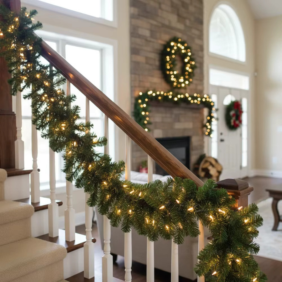 Weihnachtsgirlandenkranz aus künstlichem Kiefernrotan mit warmweißen LED-Leuchten, Grün, Länge: 2,7 m - Bild 5