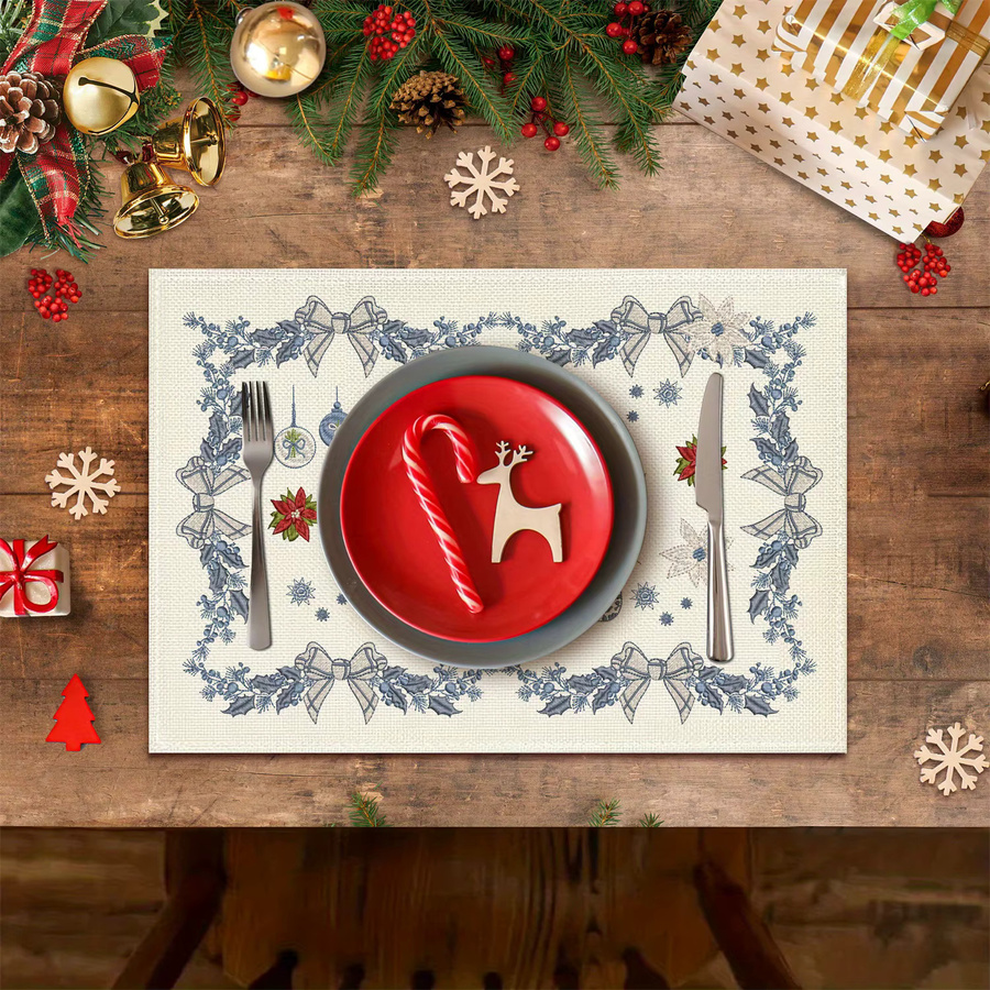 VIKAMA Weihnachtsmatte Set mit Winterblättern, Schneeflocken und Nussknacker in Blau und Weiß für deine Tischdekoration - Bild 2
