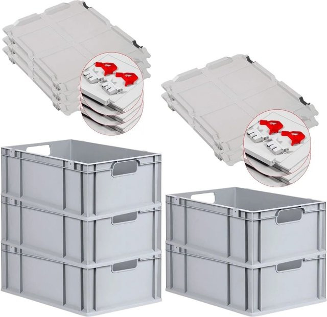 PROREGAL Spar Set 5x Eurobox Nextgen Economy mit Scharnierdeckel und roten Schiebeschnappverschlüssen, Farbe: Rot/Grau, H x B x T: 22 x 40 x 60 cm, 44 Liter - Bild 1