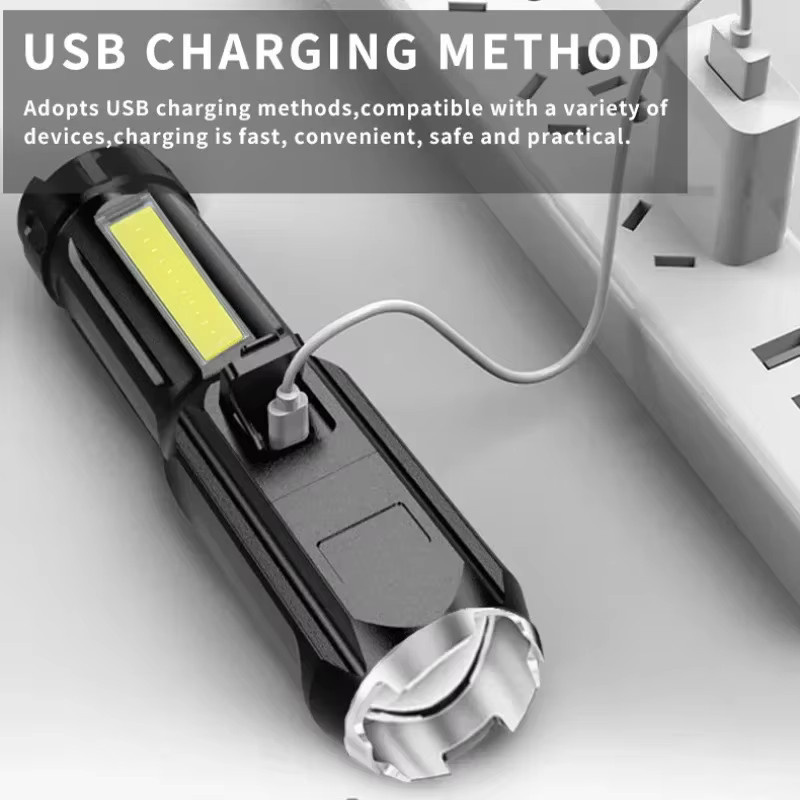 KDULIT Hochleistungs-LED-Taschenlampe in Schwarz mit Zoom-Funktion, COB-Seitenlicht und wiederaufladbarem Akku für Outdoor, Camping und Angeln - Bild 4