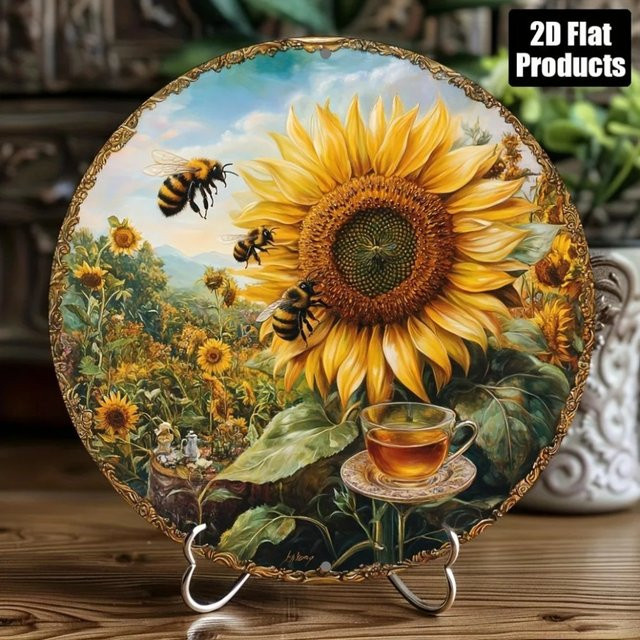 CIFBUY Vintage Sonnenblumen Metallschild in Gelb und Weiß, runde Retro-Wanddekoration mit Bienen-Motiv, Durchmesser: 40 cm - Bild 1